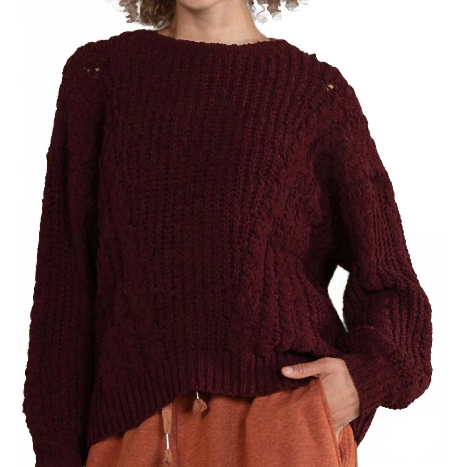 New Pol Cable Knit Round Neck Chenille Pullover Top In Oxblood